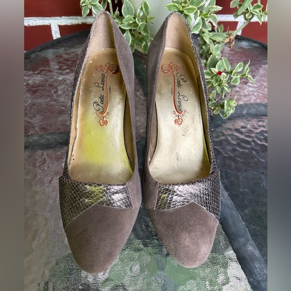 Poetic licence | brown suede wedge heels with golden snakeskin details | sz 6.5 - Picture 2 of 12